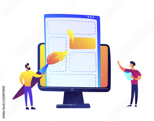 Programmers drawing web page elements with brush on LCD screen vector illustration.