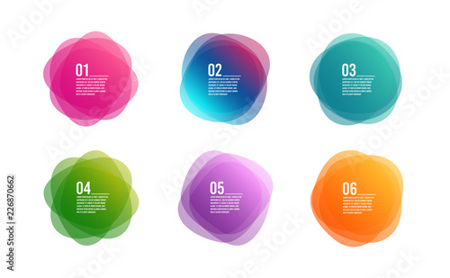 Infographic timeline 6 steps. Colorful 6 options round banners. Overlay colors shape art design. Abstract style spots. Graphic tag element for advertisements or printing. Business infographic. Vector