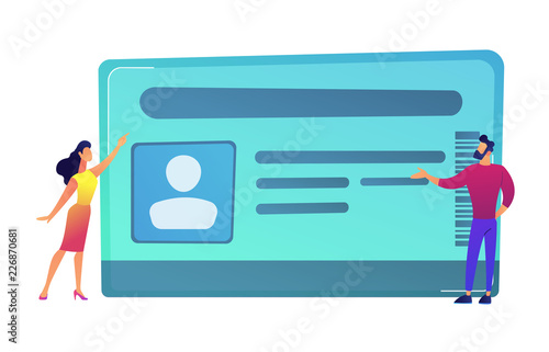 Businessman and woman pointing at ID card vector illustration.