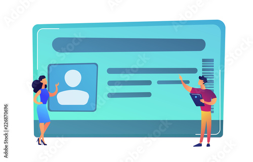 Businessman with tablet and woman pointing at ID card vector illustration.