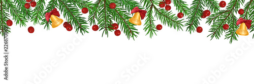 Seamless Background with realistic green fir tree branch, bell and christmas berries. Place for text, congratulation. Christmas, New Year symbol.