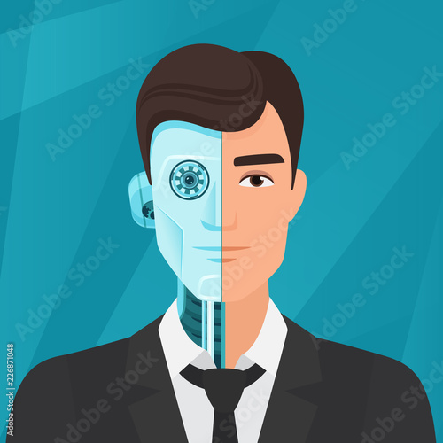 Half cyborg, half human man businessman vector illustration.