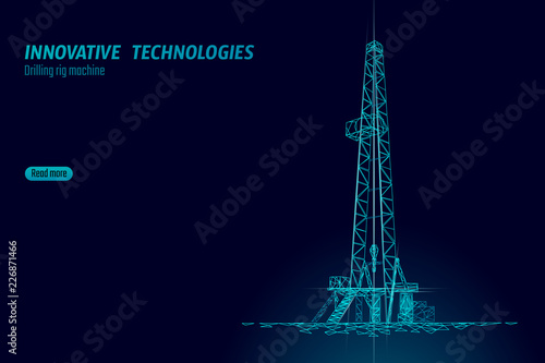 Onshore Oil Gas Drilling Rig. Raw material economy finance business concept. Petroleum industrial well machine ecology. Low poly glowing night silhouette 3D render polygonal vector illustration photo