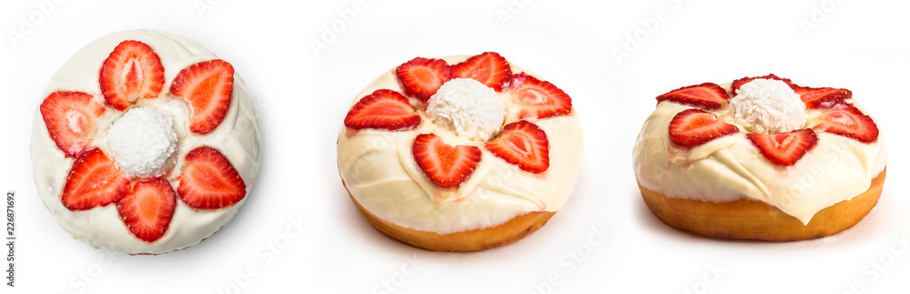 Donut with white cream and strawberry slices, isolated on white background. View from three different angles. Donut with white cream and strawberry slices, isolated on white background. View from three different angles.