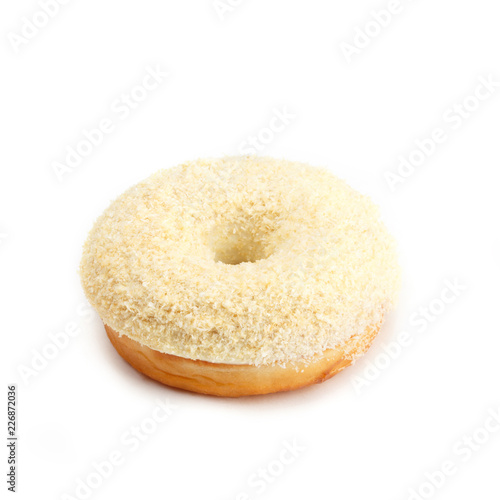 Donut with cream and coconut, isolated on white background. Viewing forty-five degrees.