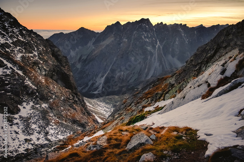 Panorama of snowy mountain landscape at sunset, Rysy photo