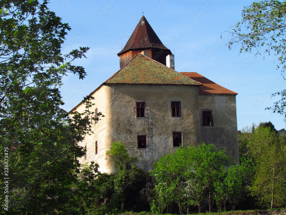 Medieval gothic castle on a rock, tower and main building, Czech republic, Rataje nad Sazavou