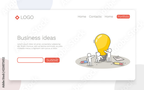 Little white people installing a lamp. Creative idea, teamwork and inspiration concept. Hand drawn cartoon or sketch design. Landing page concept. Vector illustration
