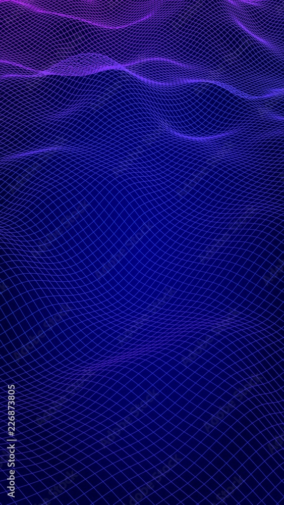 Abstract landscape on a blue background. Cyberspace grid. Hi-tech network, technology. Vertical image orientation. 3D illustration Abstract landscape on a blue background. Cyberspace grid. Hi-tech network, technology. Vertical image orientation. 3D illustration