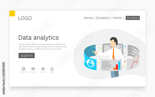 Businessman stand around touch screen monitors. Data analytics and web technologies concept. Landing page web site template. Vector illustration