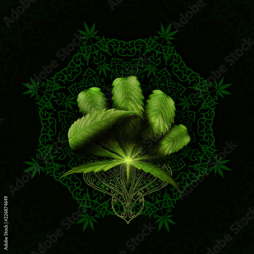 3D rendering idea of a cannabis leaf making a fist on a mandala.