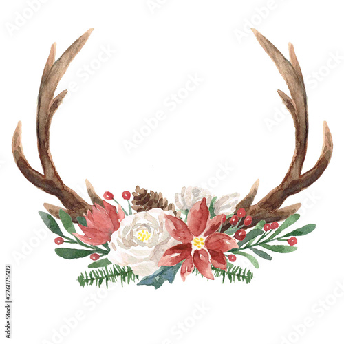 Watercolor Winter Wreath with Antlers
