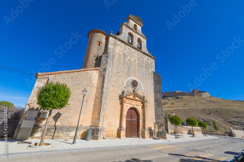 church of Santa Cristina, and ruins of castle on top of the mountain, landmark and public monument in Burgo de Osma, Soria, Spain, Europe