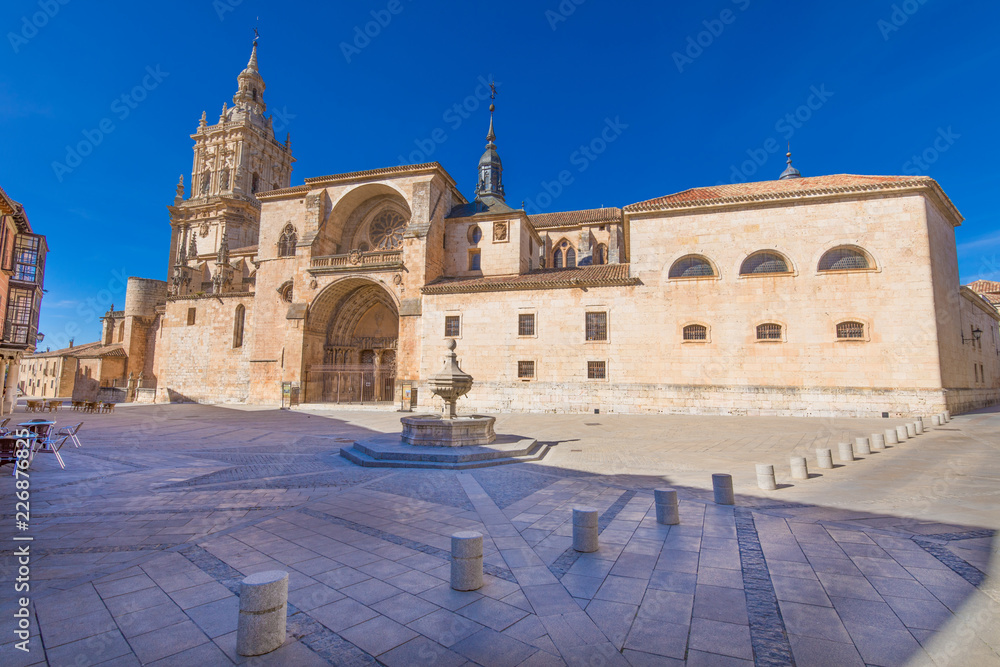 facade of cathedral in Burgo de Osma medieval, landmark and monument from thirteenth century, in Soria, Spain, Europe