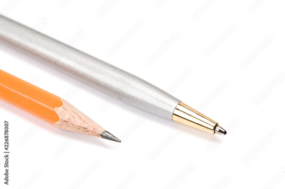 Pencil and ballpoint pen on white background. Pencil and ballpoint pen on white background.