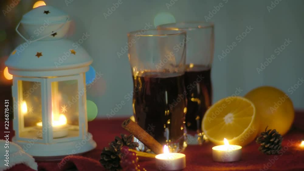 Hot mulled wine and lantern. Christmas eve Hot mulled wine and lantern. Christmas eve