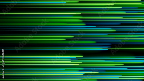 Many neon lighting lines on black, abstract computer generated backdrop, 3D rendering