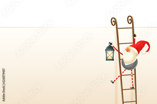 Happy Cute  Scandinavian Christmas gnome climb up the billboard using ladders. Insert text or other elements