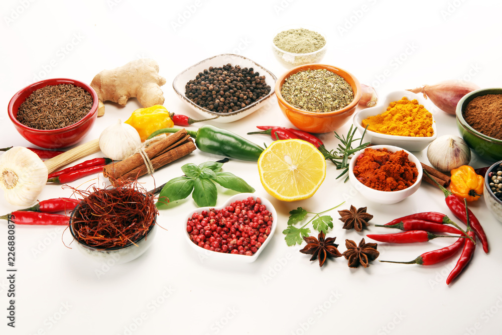 Spices and herbs on table. Food and cuisine ingredients. Spices and herbs on table. Food and cuisine ingredients.