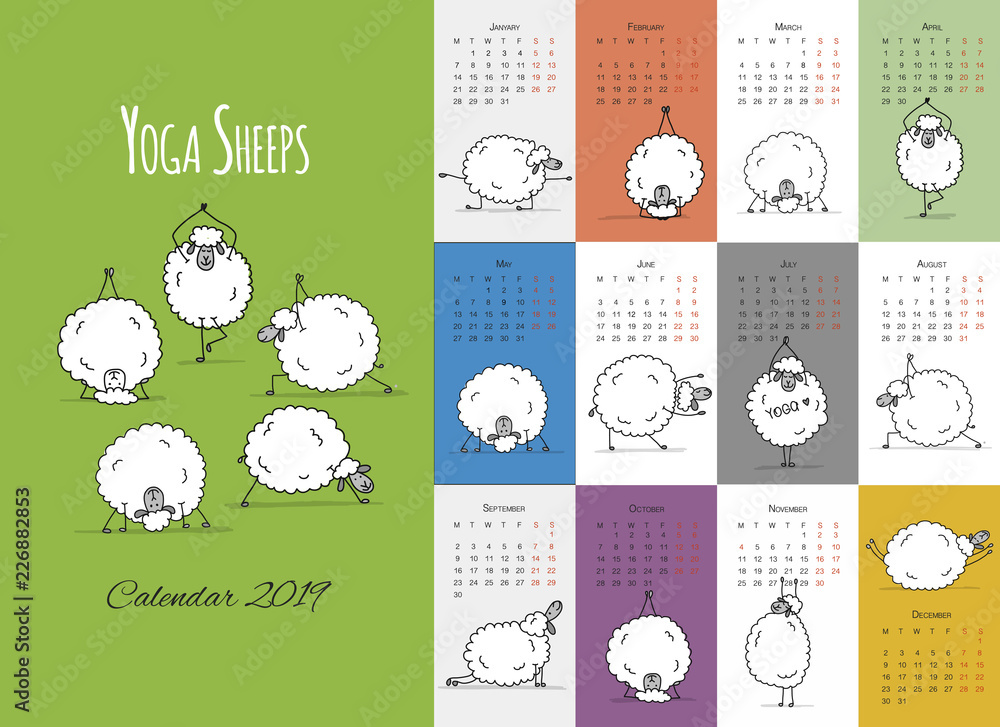 Fototapeta premium Morning yoga sheeps, calendar 2019 design