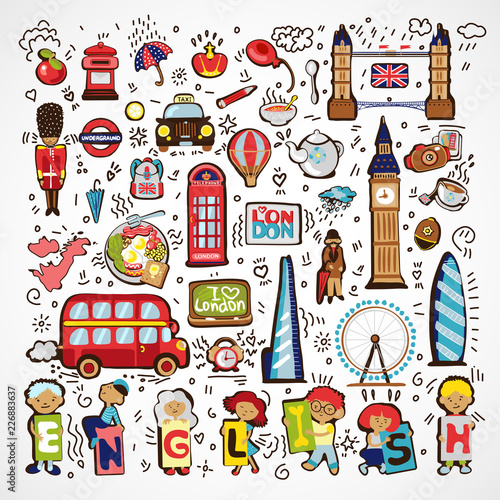 Set of Vector London Icons. Hand drawn England doodle icon. Famous architectural monuments, sign, symbols, icons. England educational and travel elements, icon - english bus, taxi, architectural