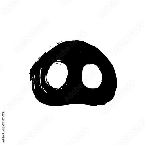 Symbol of 2019 Chinese Year of the Pig. Calendar poster ink brush drawn snout. Hand written black pig nose on white background. Happy New Year card or banner design element.
