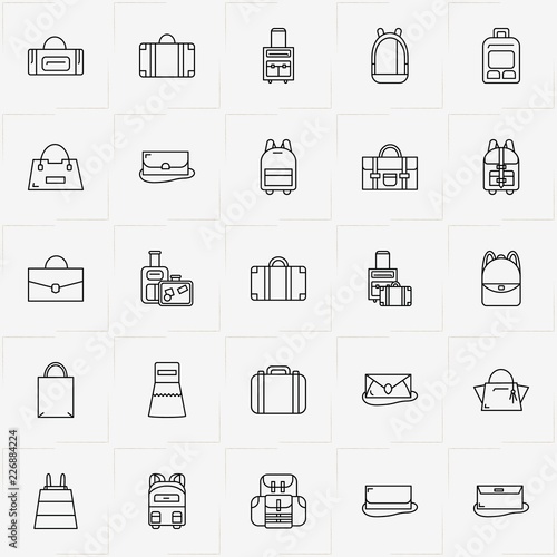 Bags line icon set with lady bag, baggage and bag