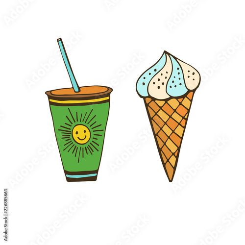 Summer food illustration. Sticker print design. Lemonade and Ice cream.