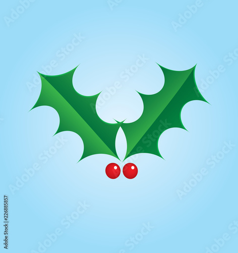 Vector illustration of Christmas holly and red berries on light blue background