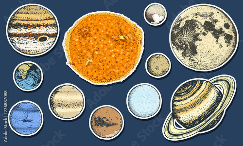 planets in solar system. moon and the sun, mercury and earth, mars and venus, jupiter or saturn and pluto. astronomical galaxy space. engraved hand drawn in old sketch, vintage style for label.