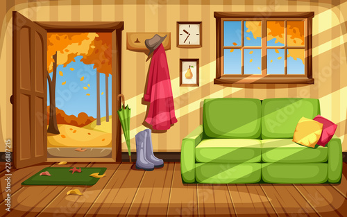 Vector cozy autumn room interior.