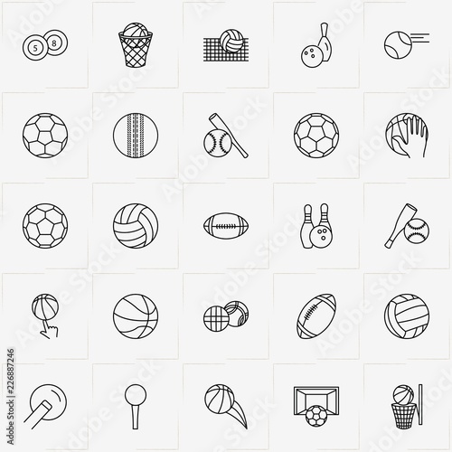 Balls line icon set with golf ball, bowling and baseball balls