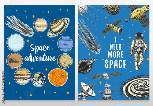 card planets in solar system and astronaut spaceman. moon and the sun, mercury and earth, mars and venus. astronomical galaxy space background. engraved hand drawn in old sketch, vintage style.