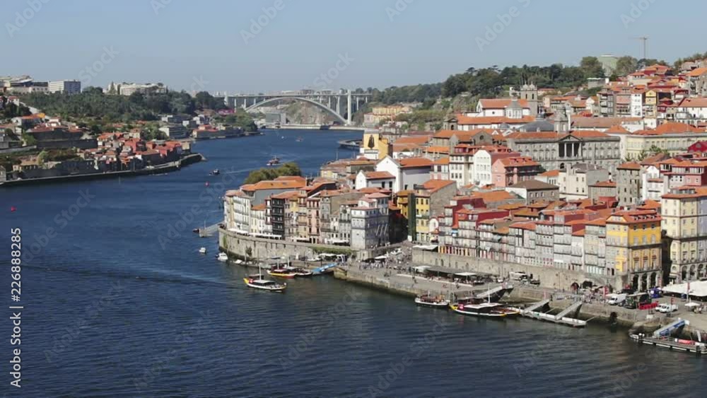 Top view of the Douro River and the Don Luis Bridge, in the city of Porto. Top view of the Douro River and the Don Luis Bridge, in the city of Porto.