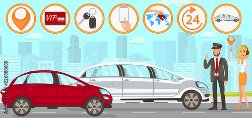 Taxi and Driver Services. Vector Flat Illustration