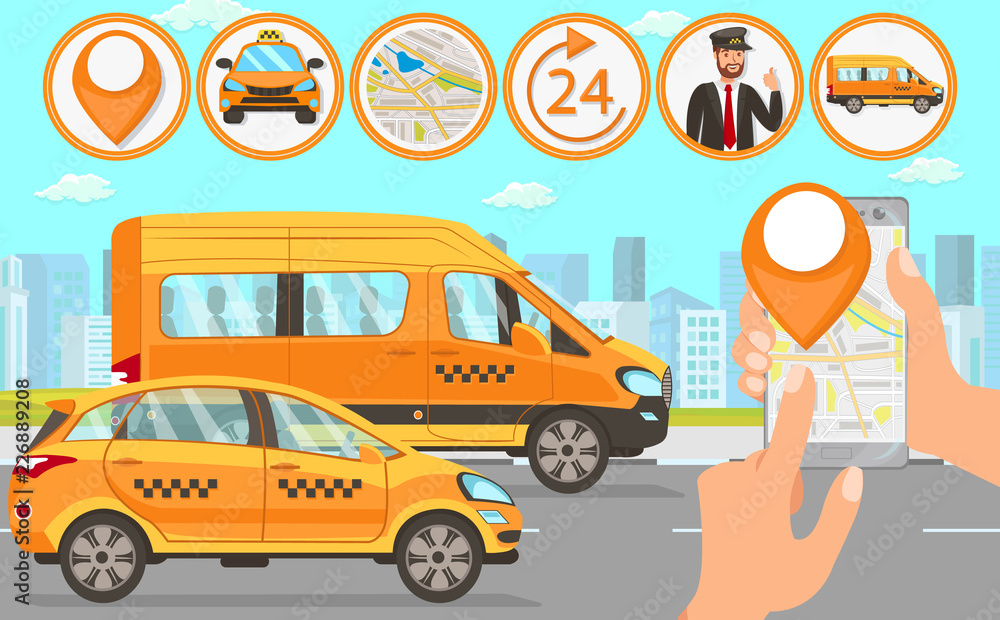 Taxi and Driver Services. Vector Flat Illustration Taxi and Driver Services. Vector Flat Illustration