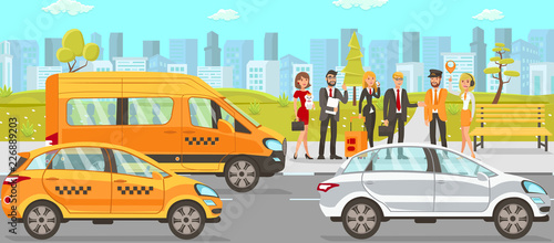 Taxi and Driver Services. Vector Flat Illustration