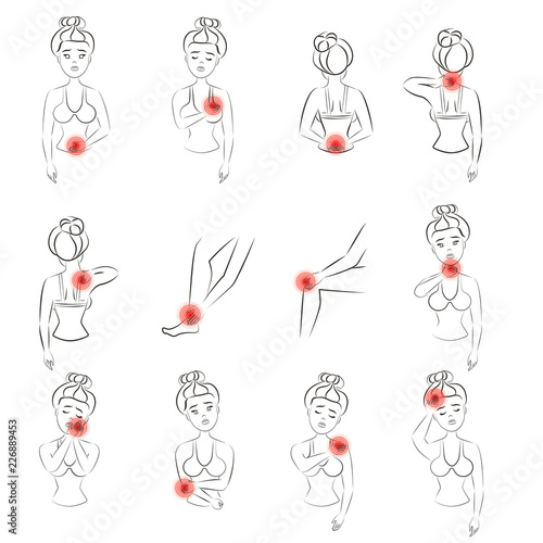 Outline vector illustration of woman pain set. Line female feeling pain in different body parts.