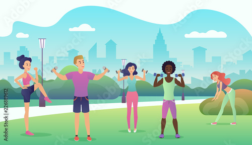 People in the public park doing fitness. Sports outdoor activities flat design vector illustration. Women doing yoga, stretching, fitness outside.