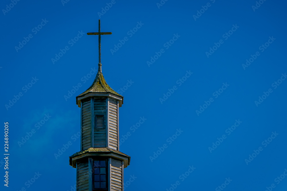 Exterior detail view of vilupulli church, one of world heritage wooden churches located at Chiloe island, Chile