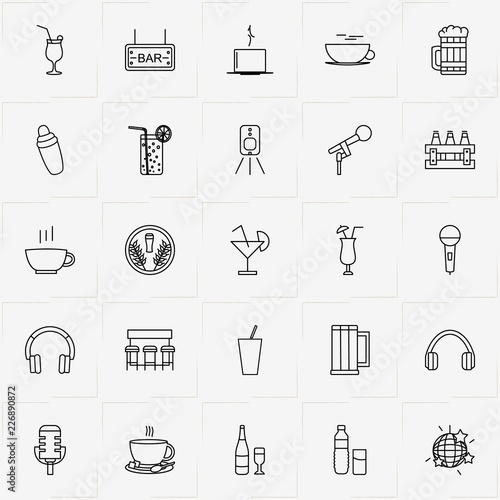 Bar line icon set with beer box, cup of tea and bar counter