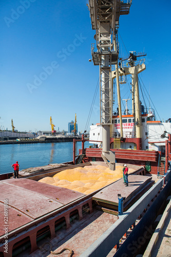 Corn in bulk carrier hold. Casting hold of corn. Elevator crane loads ship bulk carrier with corn