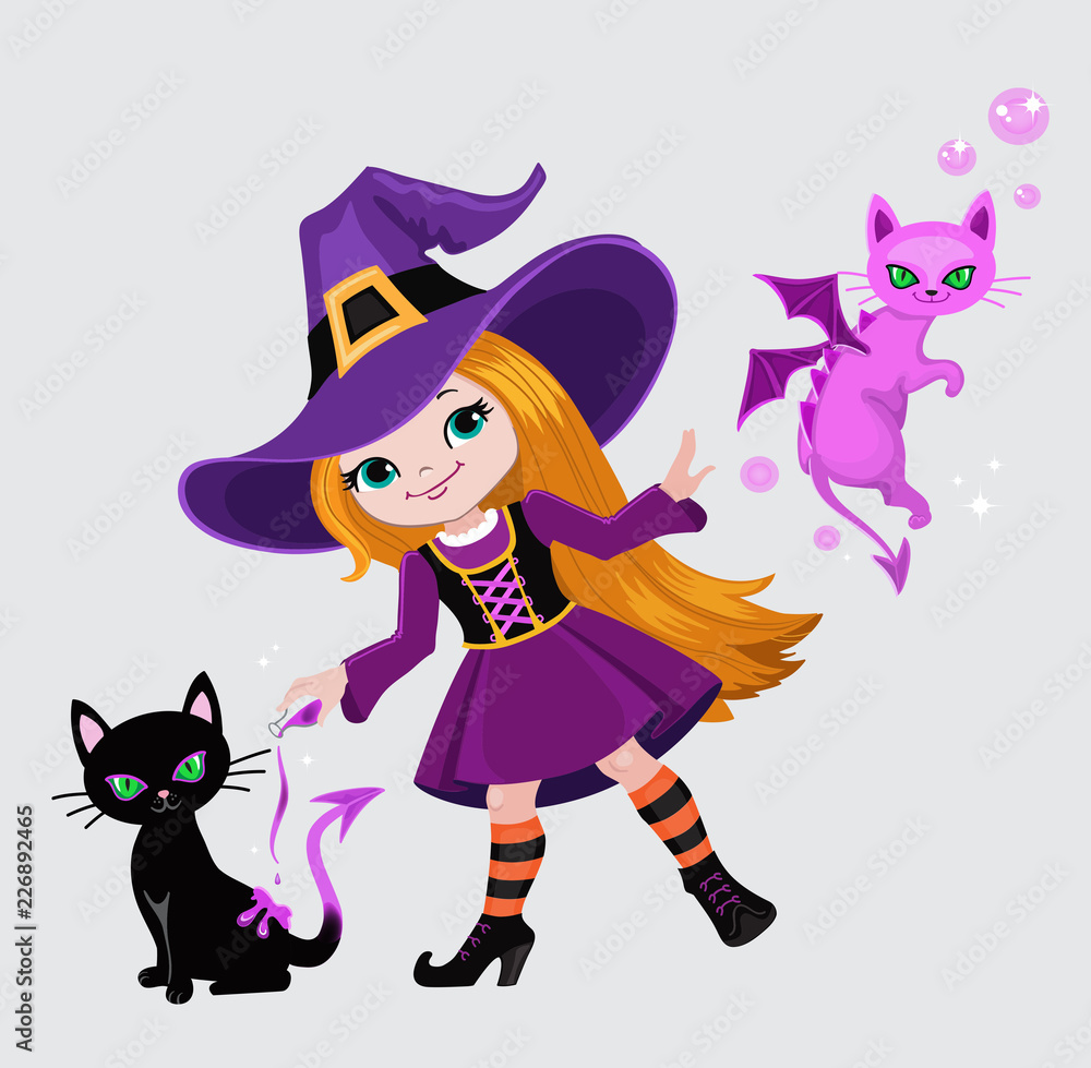 Cute witch turns a black cat into a dragon.