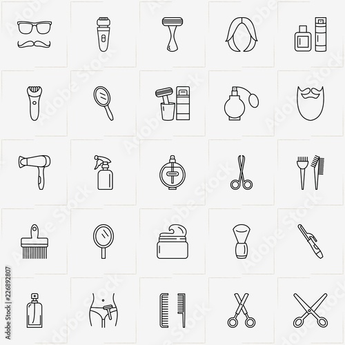 Barbershop line icon set with shaver, hair iron and hand mirror