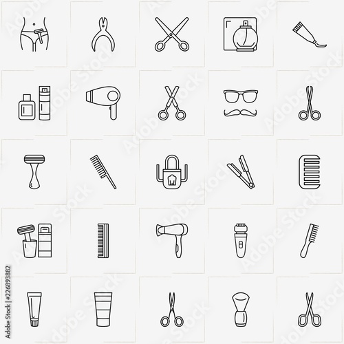 Barbershop line icon set with scissor, cosmetic cream and hair iron