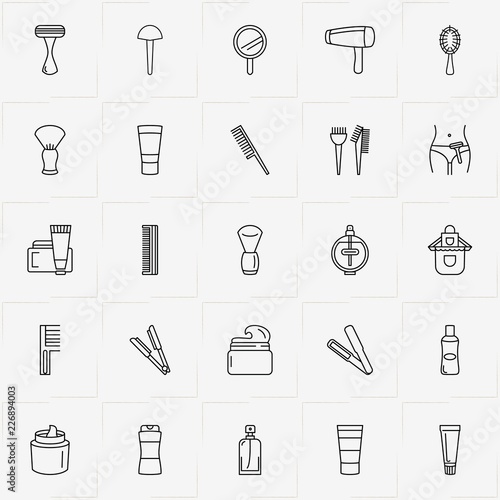 Barbershop line icon set with hair dryer, perfume and combs