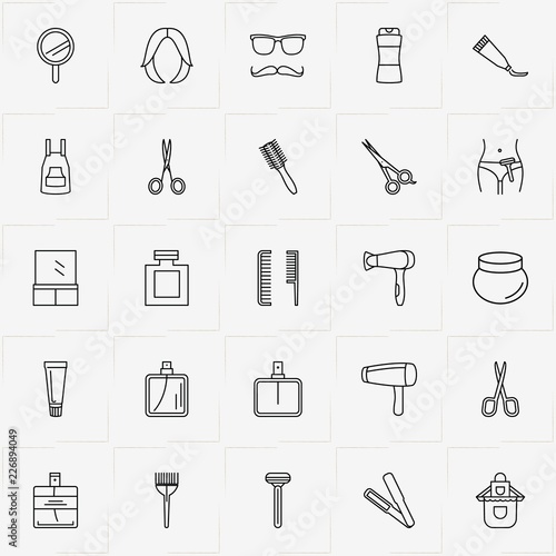 Barbershop line icon set with hair iron, comb and wig