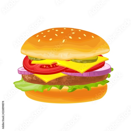 Hamburger with meat, lettuce, cheese, onion and tomato