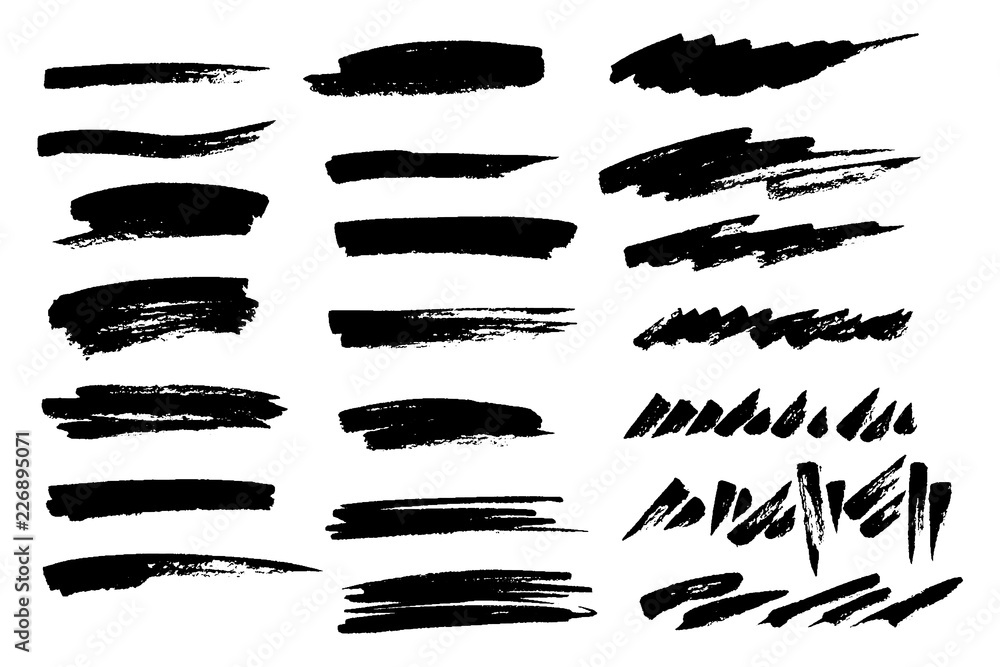 Vector set of hand drawn brush strokes and stains. One color monochrome artistic hand drawn backgrounds. Horizontal greyscale strokes as design elements.