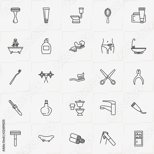 Bathroom line icon set with toilet, bathroom shelve and faucet